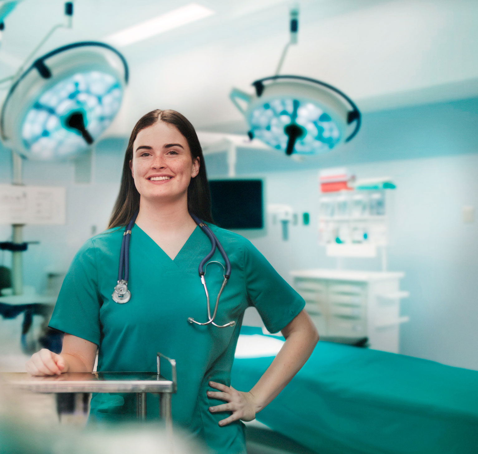 Photo of a St Cuthbert’s girl as a medical professional, standing in an operating theatre